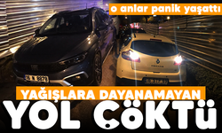 Bursa'da yağışlara dayanamayan yol çöktü: 4 araç hasar gördü