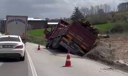 Bursa İnegöl'de tomruk yüklü TIR devrildi