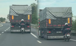 Bursa İnegöl'de tırın arkasında tehlikeli yolculuk kamerada!