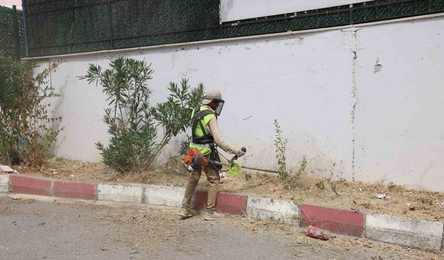 Okul bahçelerinde ot biçme çalışması yapılıyor