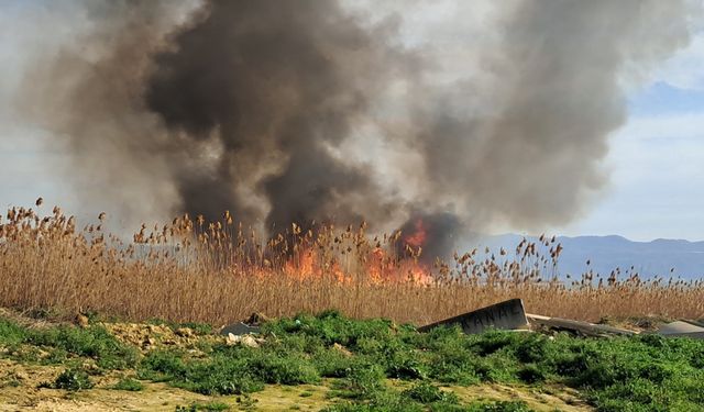 Bursa  İznik'te rüzgarla birlikte sazlık yangını büyüyor