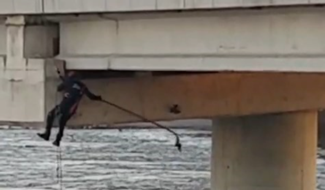 Bursa Karacabey'de asılı kalan güvercini halatla inip kurtardılar