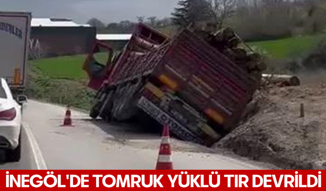 Bursa İnegöl'de tomruk yüklü TIR devrildi