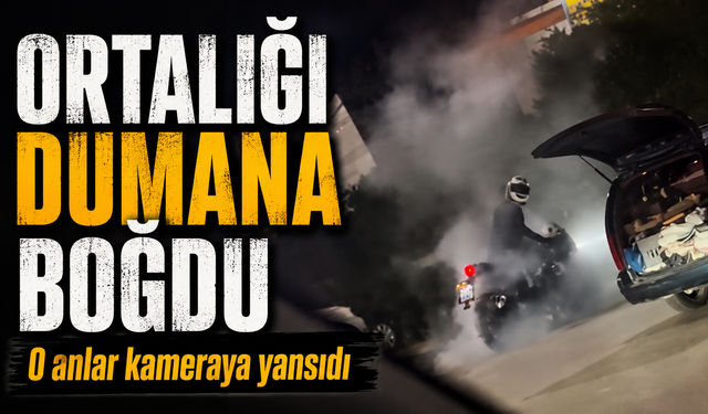 Akaryakıt istasyonu içinde lastik yakan motosiklet böyle görüntülendi