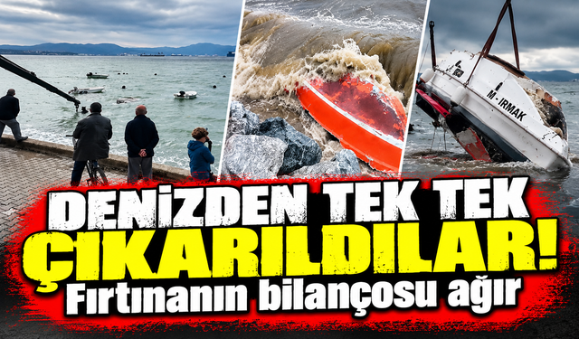Bursa Gemlik'te lodosun batırdığı tekneler vinçle denizden çıkarılıyor
