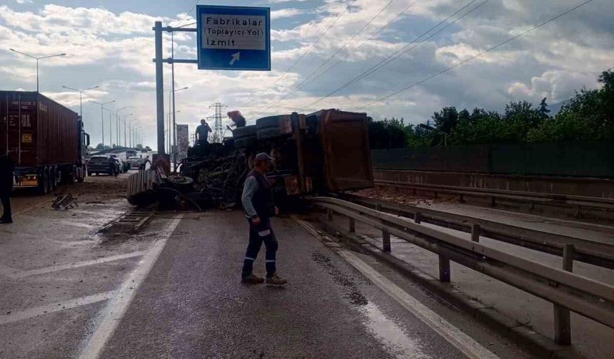 Köpeğe çarpmamak için manevra yapan kamyon bariyere çarpıp yan yattı