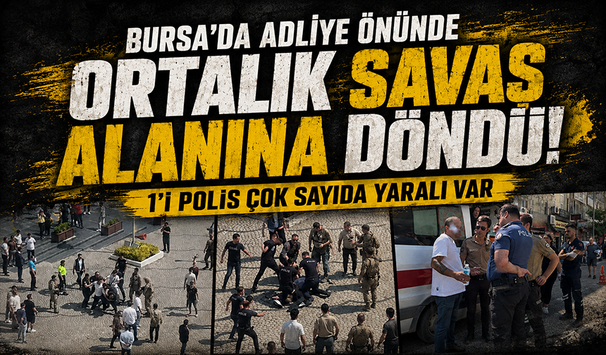 Bursa'da adliye önünde ortalık savaş alanına döndü: Masa ve sandalyeler havada uçuştu