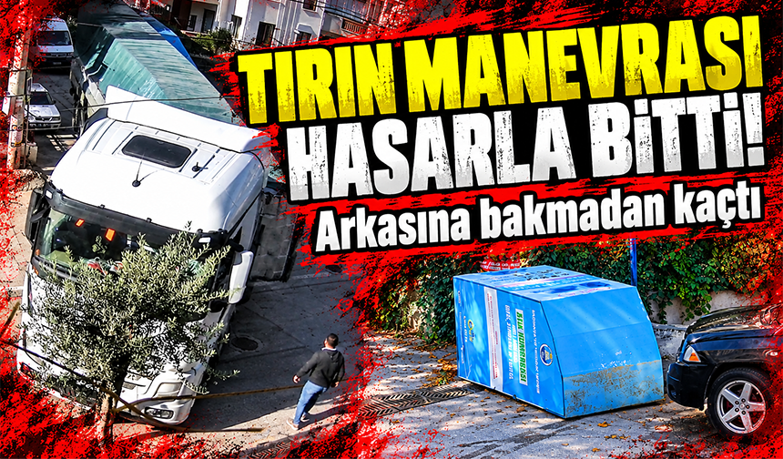 Bursa Mudanya'da tır, dar sokakta dönüş yaparken giysi toplama kutusuna çarptı!