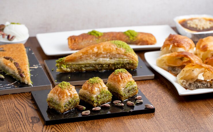 Side View Traditional Turkish Dessert Baklava With Pistachio Wooden Table 141793 3317