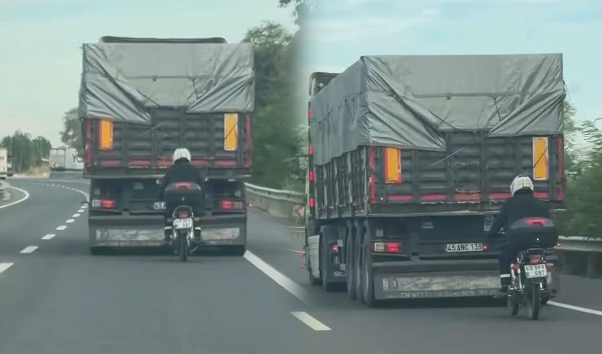 Bursa İnegöl'de tırın arkasında tehlikeli yolculuk kamerada!